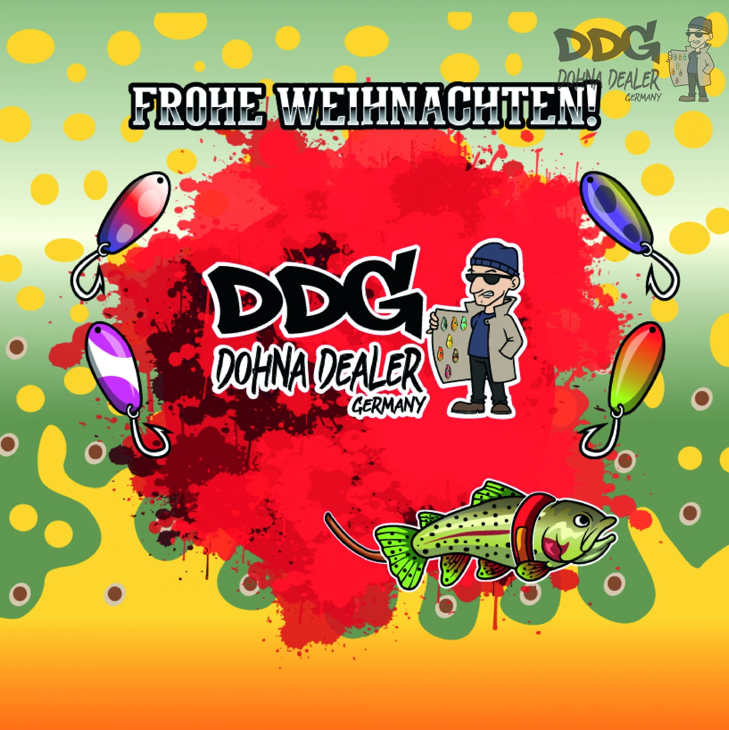 Adventskalender 2025 mit rotem Cartoon-Design, Schriftzug „FROHE WEIHNACHTEN!“