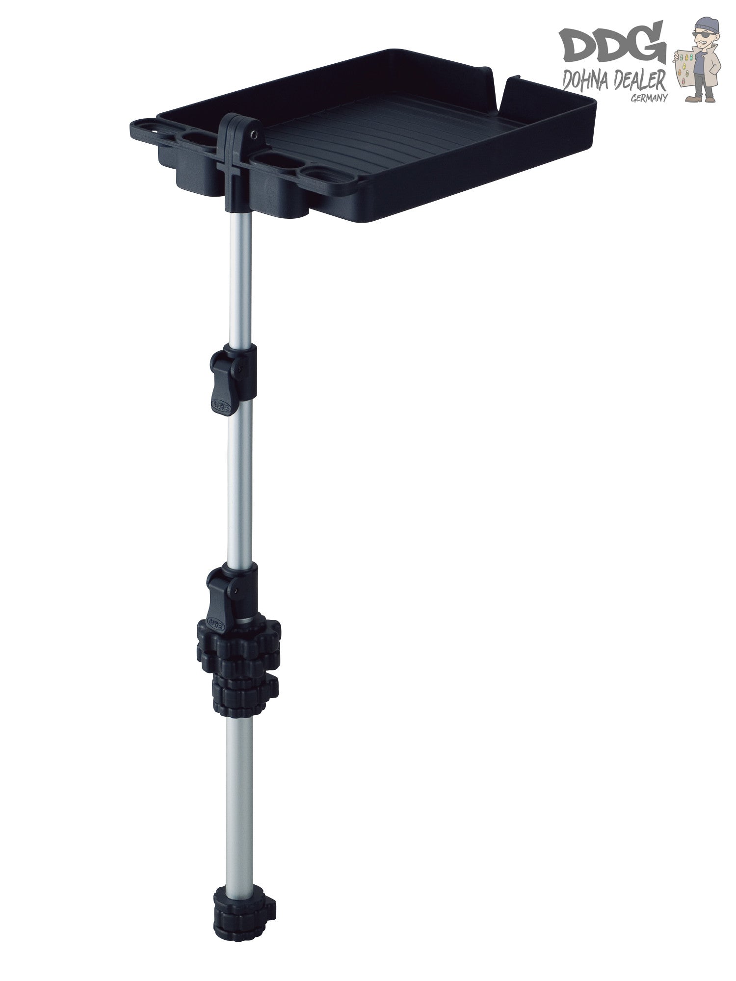 Köderboard mit verstellbarem Ständer und Klemme, schwarze rechteckige Ablage