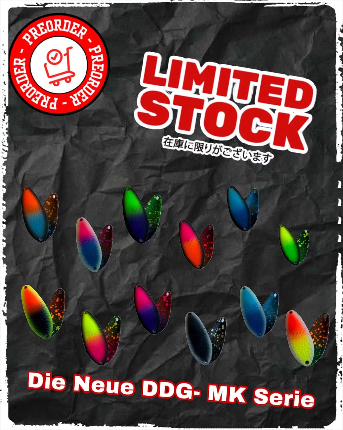 Schwarzer Beutel mit Aufdruck „Limited Stock“ und bunten Motiven