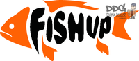 FishUp-Logo auf orangefarbenem Fischmotiv