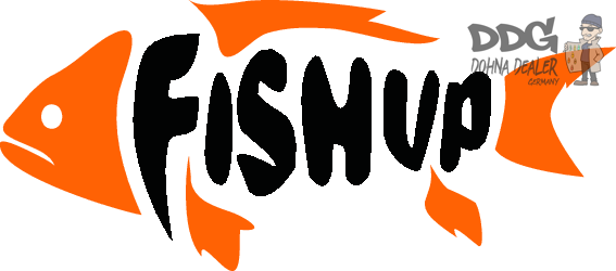 FishUp-Logo auf orangefarbenem Fischmotiv