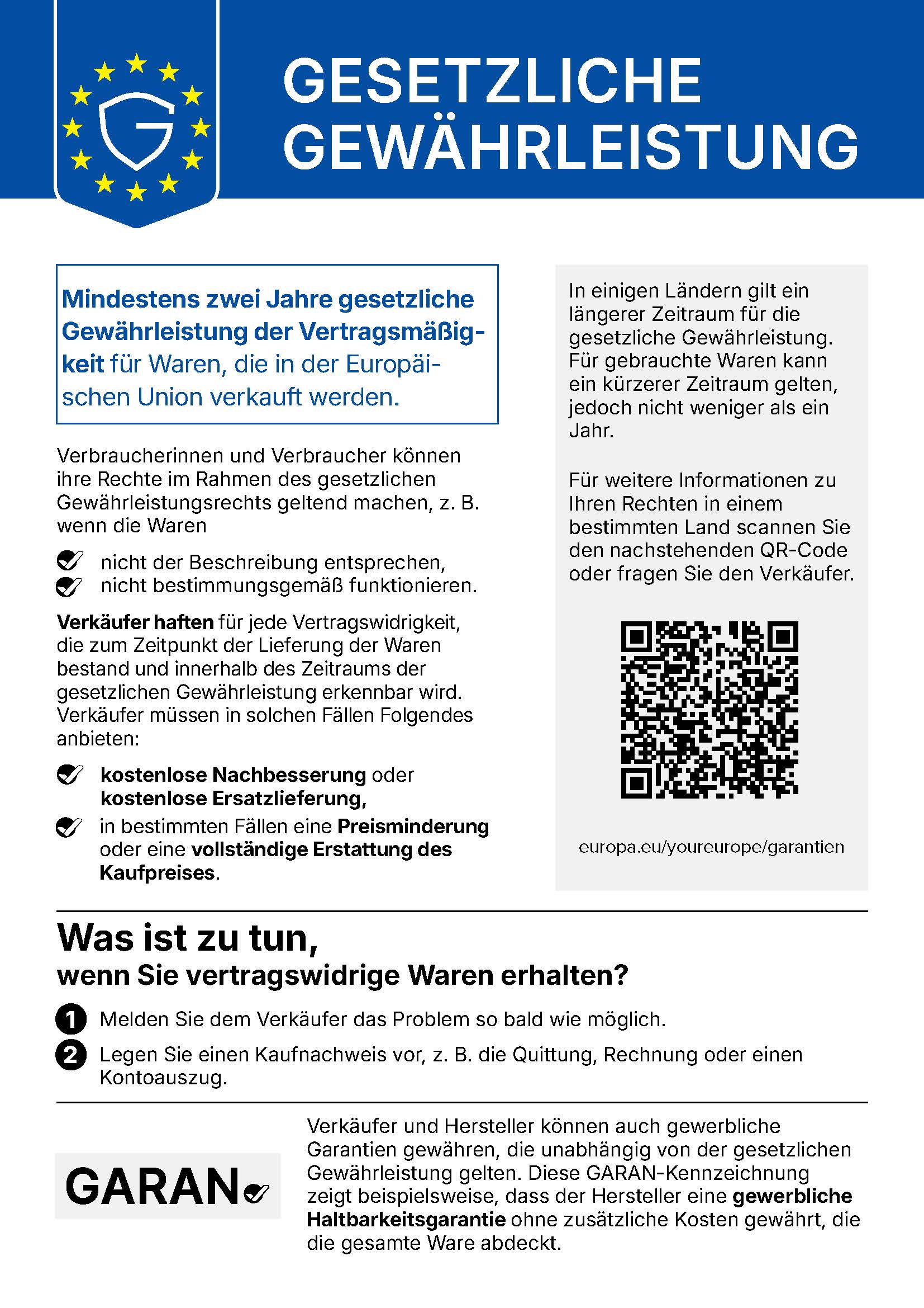 EU-Hinweis: Gesetzliches Gewährleistungsrecht von mindestens 2 Jahren